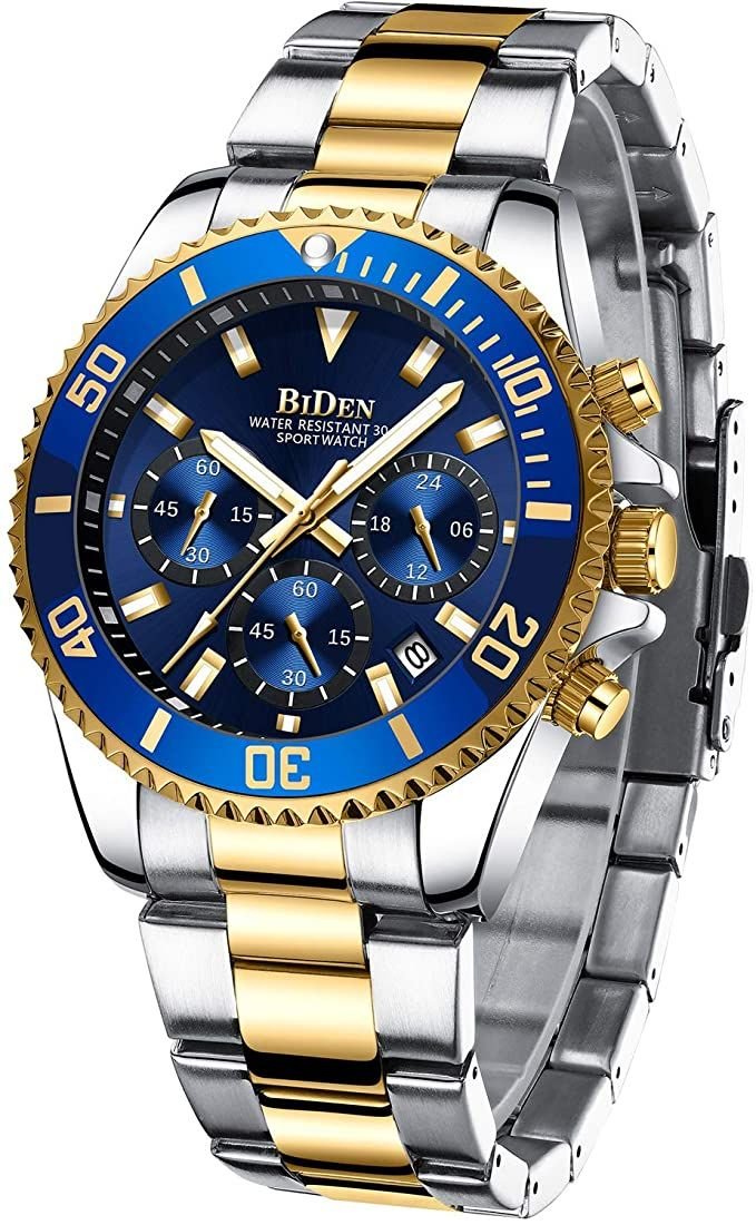 BIDEN Mens Watches Chronograph Stainless Steel Waterproof Date Analog Quartz Watch Business Wrist Watches For Men