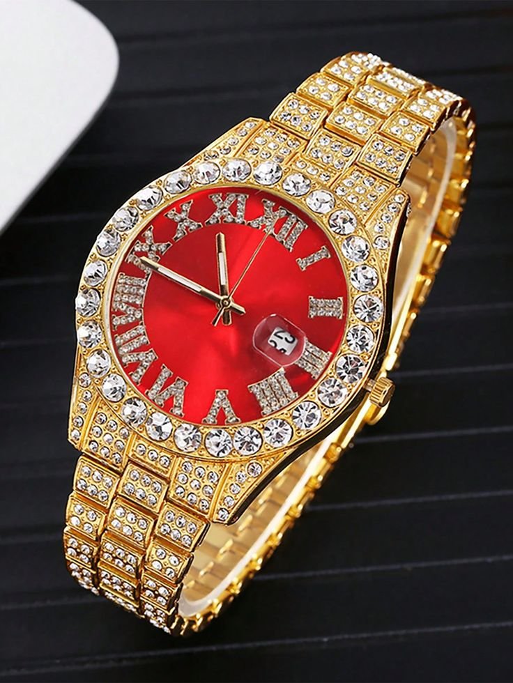 men rhinestone decor round pointer date quartz watch